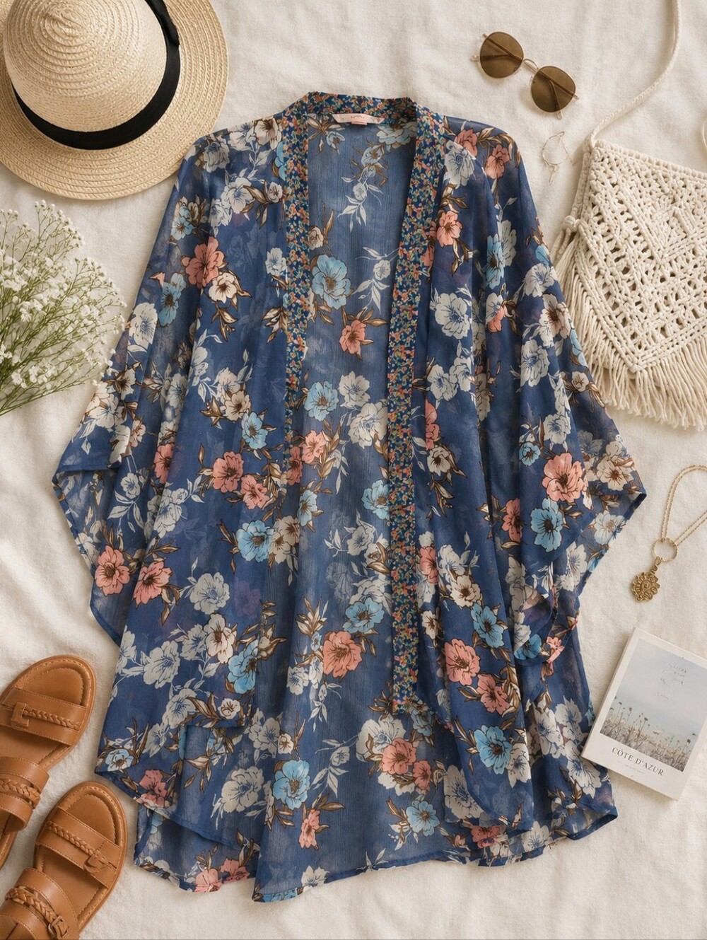 Boho Floral Kimono Cardigan Blue Sheer Layering Top Festival / Beach Cover-Up